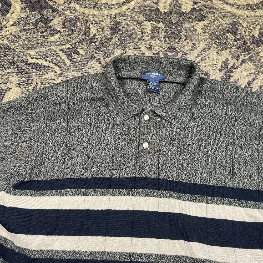 Vtg Dockers Men's Long Sleeve Polo Sweater Dark Green With Stripes Size XL